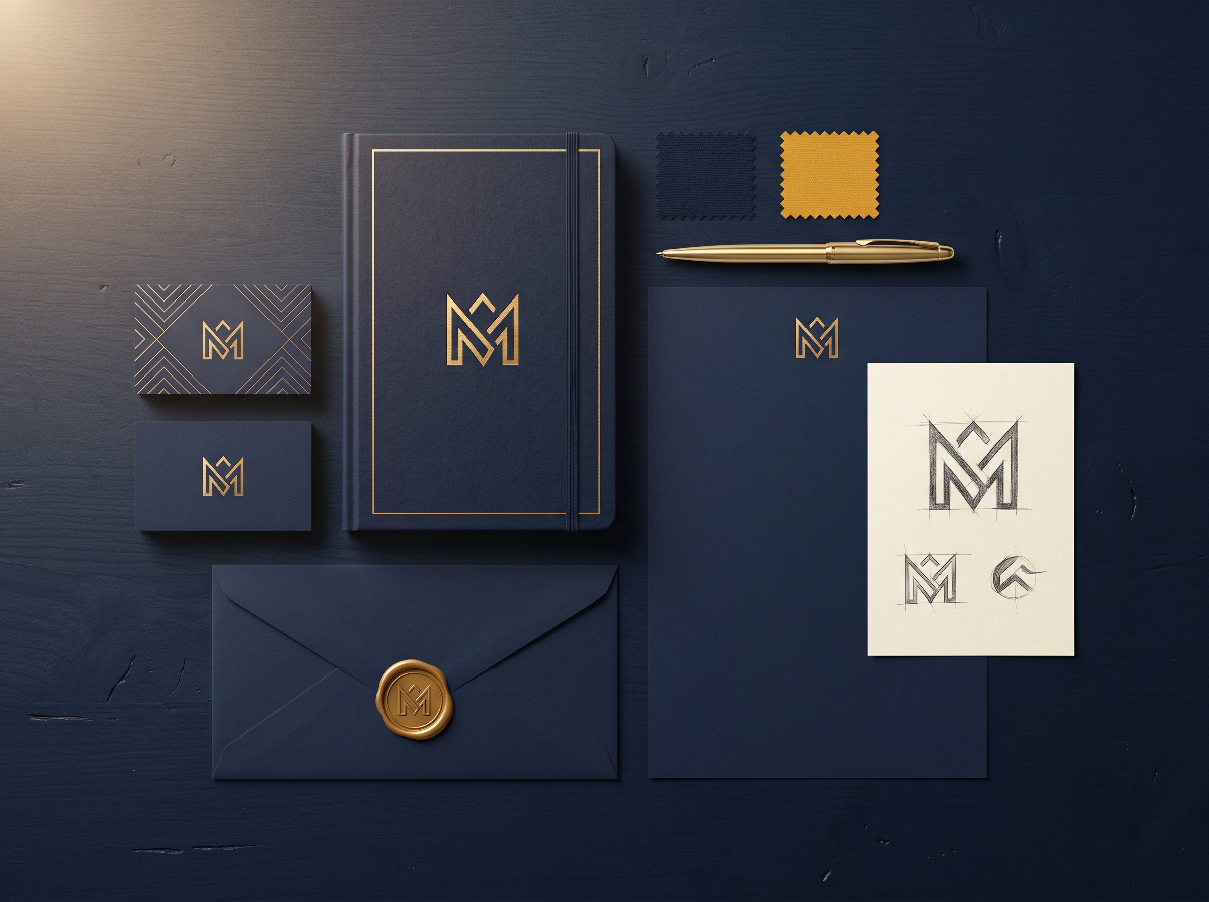 Kit d'identité visuelle bleu nuit et or : cartes de visite, papier à en-tête et esquisses de logo