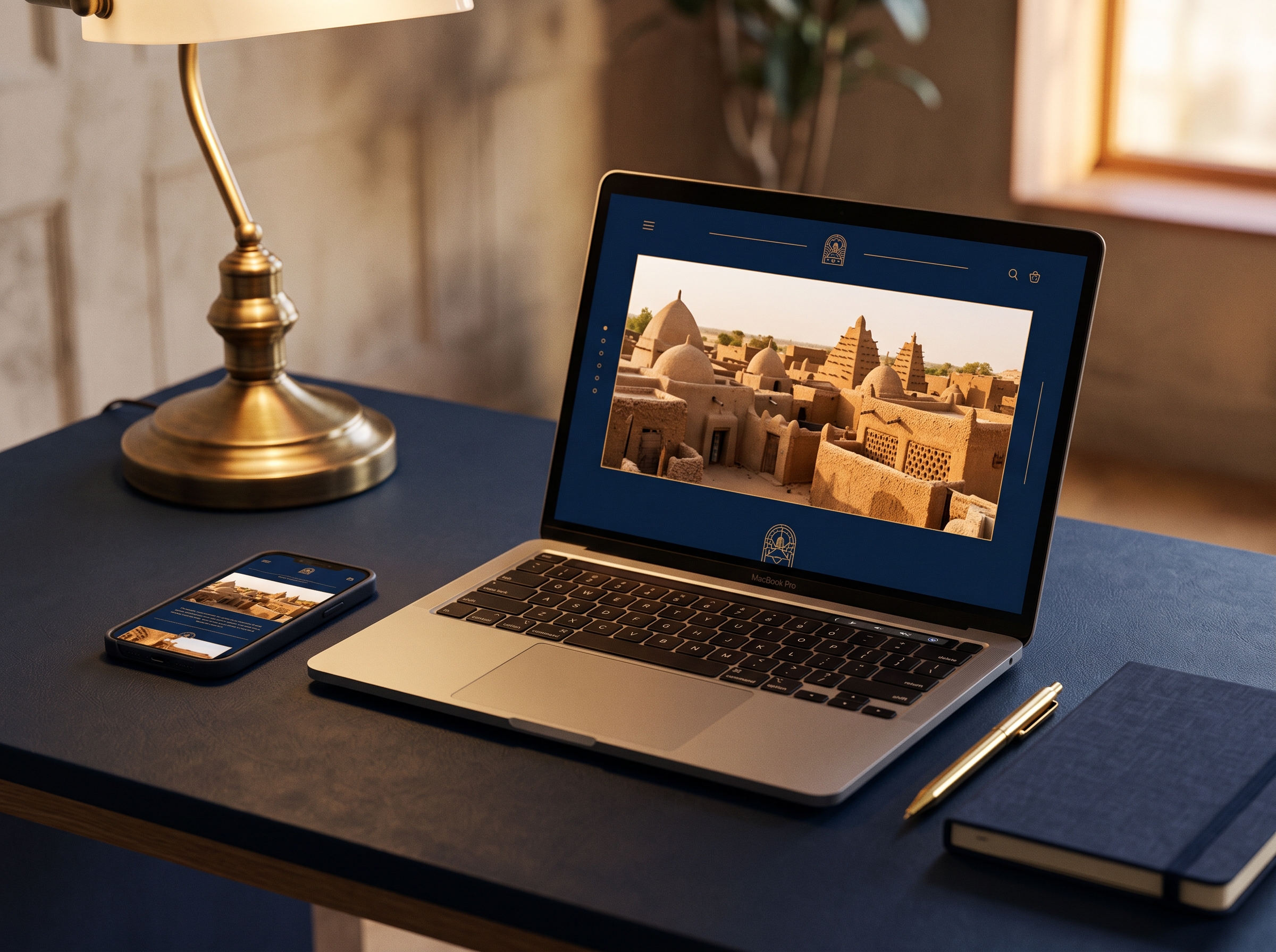 Ordinateur portable et smartphone affichant un site web bleu nuit et or